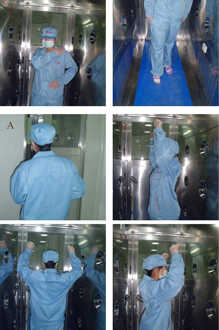 進(jìn)入風(fēng)淋室前無(wú)塵服應(yīng)穿著得當(dāng)，袖口和領(lǐng)口需拉緊，避免衣物內(nèi)外的塵埃進(jìn)入。